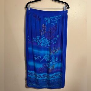 Diane Gilman Blue Silk Floral Midi Skirt, Beaded Detail, Elastic Waist